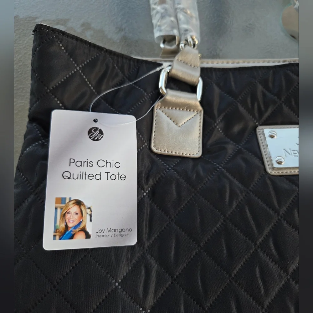 Joy Mangano Paris Chic Quilted Tote Bag Black/Silver NEW